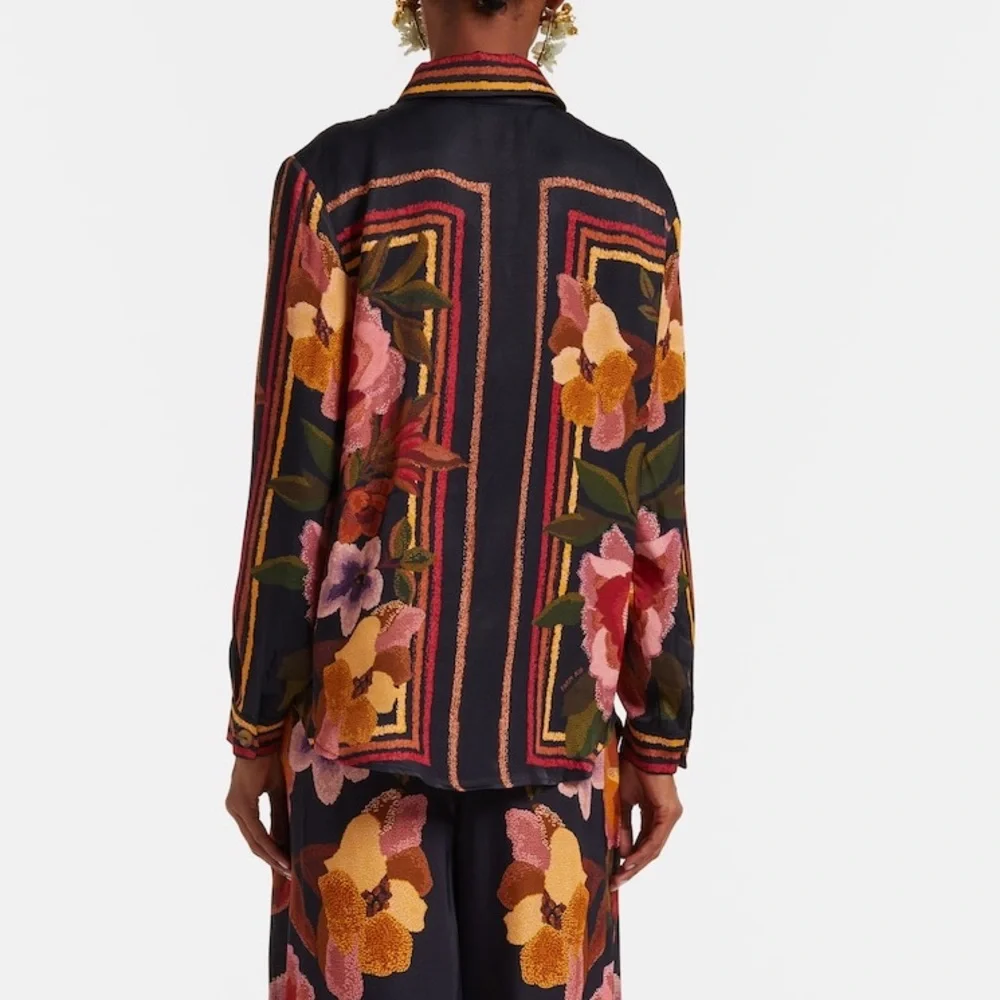 Farm Rio: Farm Rio Black Chenille Flowers Shirt - Picture 2 of 15